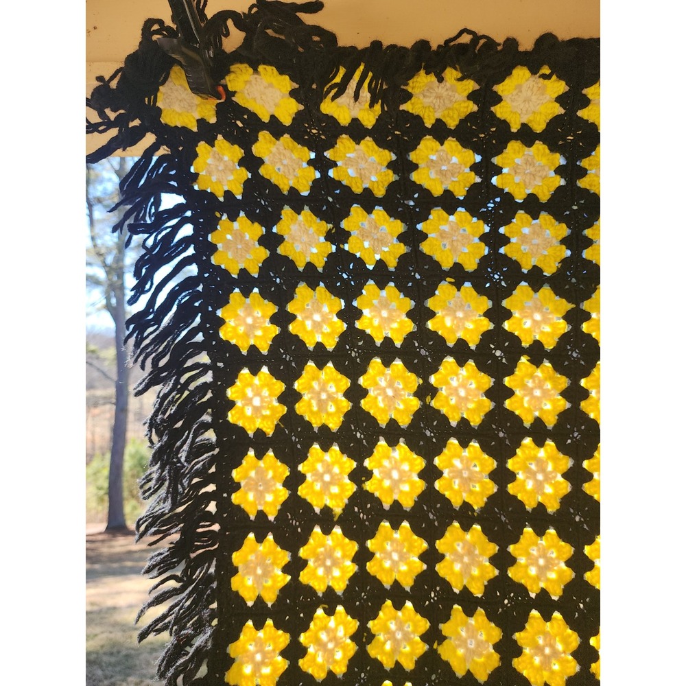Vintage Handmade Crochet Granny Square Floral Throw Blanket Yellow Black Fringe - Picture 2 of 5